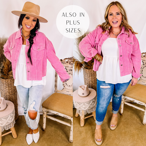 Models are wearing a pink corduroy jacket that has a raw hem. Both models have it on over a white tank top. Size small model has it paired with light wash boyfriend jeans, white mules, and a tan hat. Size large model has it paired with distressed skinny jeans, tan wedges, and gold jewelry.