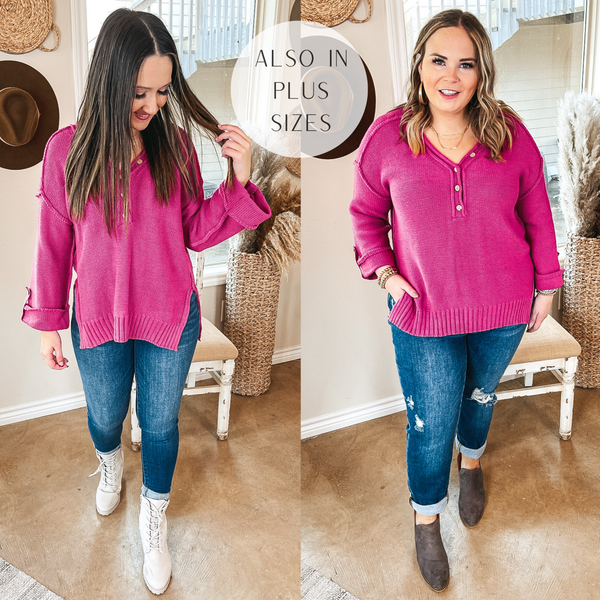 Latte Kinda Day Henley V Neck Sweater with Wide Sleeves in Magenta
