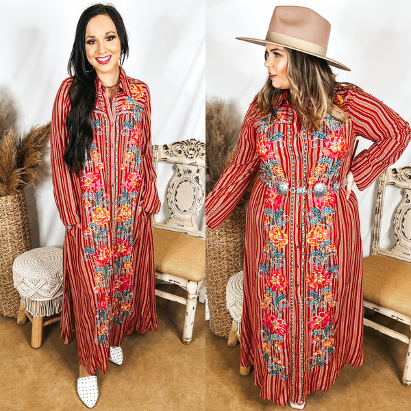 Models are wearing a rust and ivory striped button up maxi dress with floral embroidery on the front. Size small model has it paired with white mules. Size large model has it paired with a silver belt, white heels, and a brown hat.