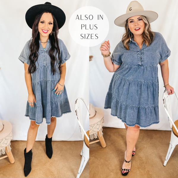 Models are wearing a medium wash tiered denim dress. Size small model has it paired with a black hat and black booties. Size large model has it paired with a beige hat and black heels.