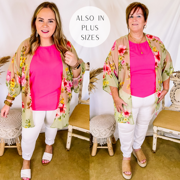Models are wearing a sage green floral kimono over a pink top and white skinny jeans. Size large model has it paired white sandals and gold jewelry. Plus size model has it paired with tan wedges and gold jewelry.