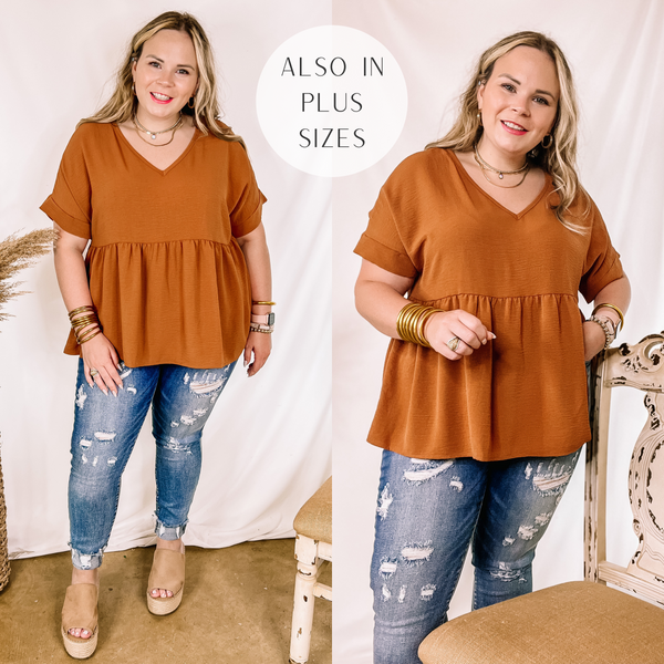 Touring the City Short Sleeve V Neck Babydoll Top in Rust Orange