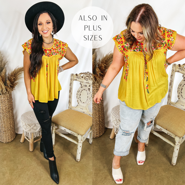 Models are wearing a yellow babydoll top with floral embroidery on the upper. Size small model has it paired with black skinny jeans, black booties, and a black hat. Size large model has it paired with light wash jeans, white heels, and silver jewelry.