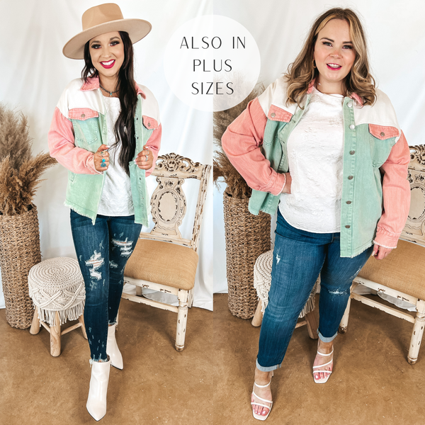 Models are wearing a button up denim jacket. SIze small model has it paired with dark wash skinny jeans, white booties, and a tan hat. Size large model has it paired with white heels, dark wash skinnies, and gold jewelry. The jacket is a mix of ivory, sage green, and coral pink.