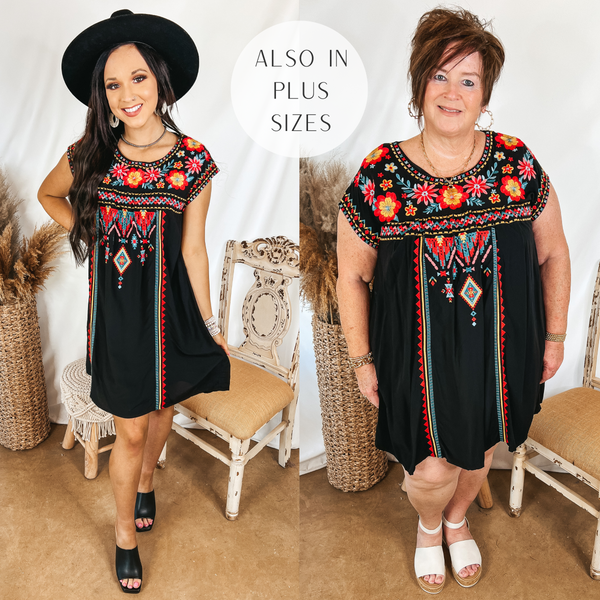 Sunny Sweetie Floral Embroidered Cap Sleeve Dress in Black