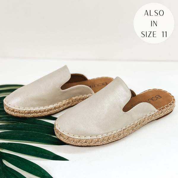 A Pair of slide on espadrille shoes that have a metallic upper. Pictured on white background with a green palm leaf.