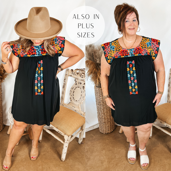 Headed For Happy Floral Embroidered Cap Sleeve Dress in Black