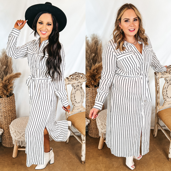 Models are wearing a black and white striped maxi dress that has long sleeves and a button up front. Size small model has it paired with white booties and a black hat. Size large model has it paired with white heels and gold jewelry.