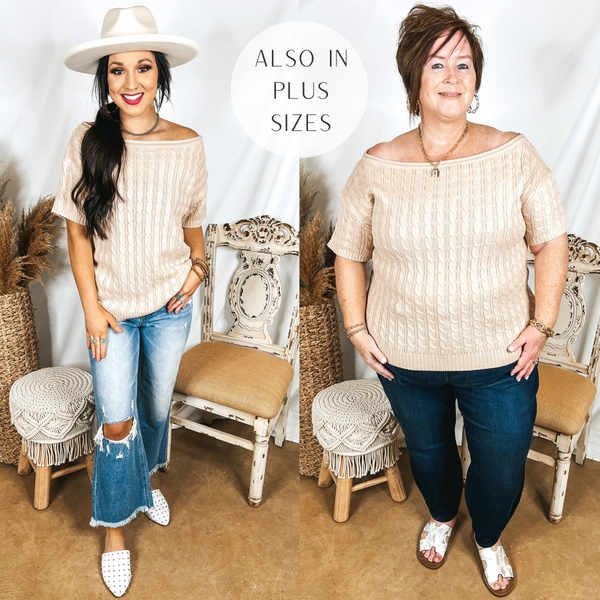 Models are wearing a beige short sleeve sweater with a wide neckline. Size small model has it paired with cropped light wash jeans, white mules, and a white hat. Plus size model has it paired with dark wash jeans, white sandals, and gold jewelry.