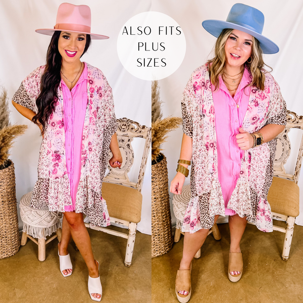 Models are wearing a mix leopard and floral print kimono that is ivory. Both models have it on over a pink dress. Size small model has it paired with a pink hat and white heels. Size large model has it paired with tan wedges and a blue hat.