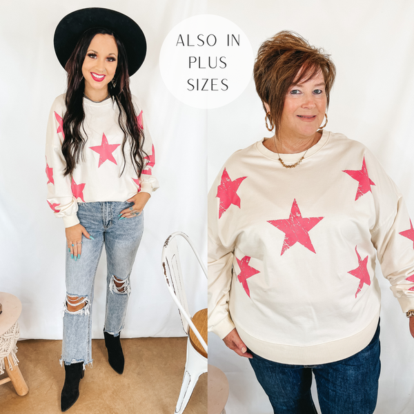 Stars and Kisses Long Sleeve Pullover Sweatshirt with Distressed Stars in Ivory
