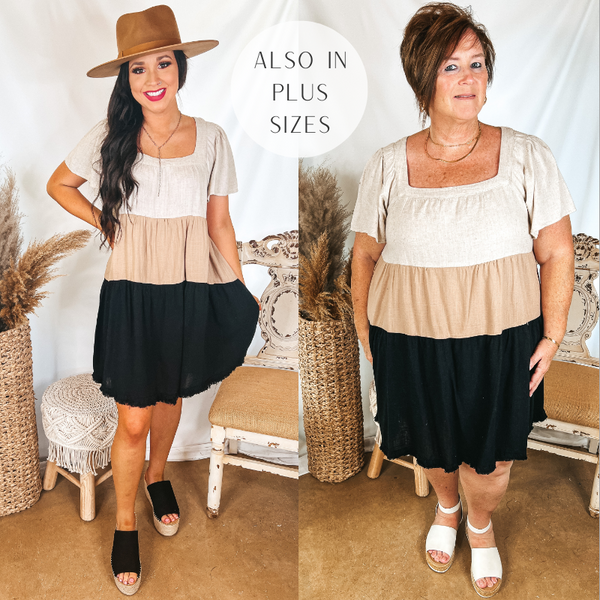 Models are wearing a color block dress that is beige, tan, and black. Size small model has it paired with black wedges and a tan hat. Plus size model has it paired with white wedges and gold jewelry.