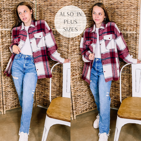 Model is wearing a maroon and white plaid shacket. Model has it paired with boyfriend jeans, a white tank top, white sneakers, and gold jewelry.