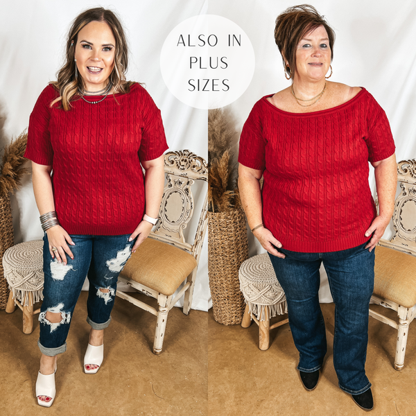 Models are wearing a red short sleeve sweater. Size large model has it paired with distressed boyfriend jeans, white heels, and silver jewelry. Plus size model has it paired with black booties, bootcut jeans, and gold jewelry.