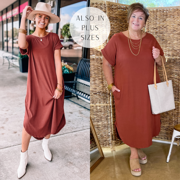 Chill Looks Short Sleeve Thin Ribbed Midi Dress in Cinnamon Red