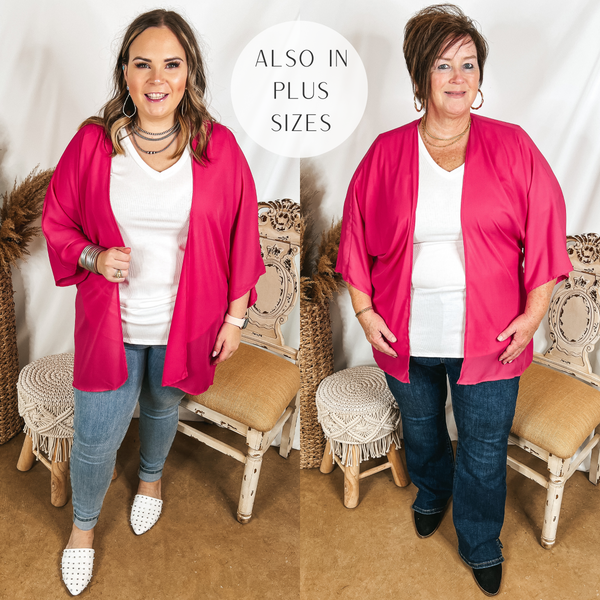 Models are wearing a pink kimono over a white top. Size large model has it paired with light wash jeggings, white mules, and silver jewelry. Plus size model has it paired with dark wash bootcut jeans, black booties, and gold jewelry.