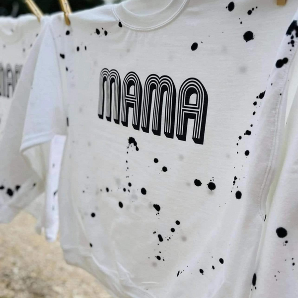 Retro Mama Long Sleeve Graphic Paint Splatter Sweatshirt in White