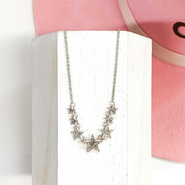 Simple Chain Necklace and Star Charms with Clear Crystals in Silver