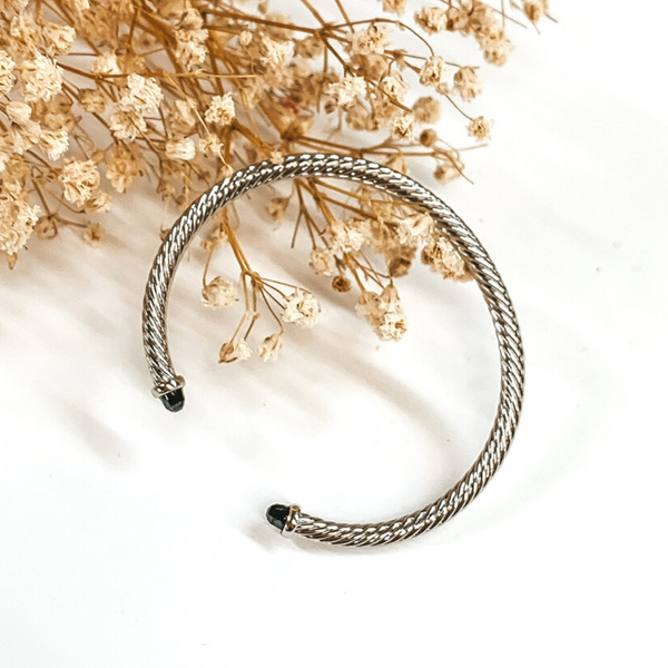 4mm Silver Cable Bracelet with Black Crystal Cabochon Ends