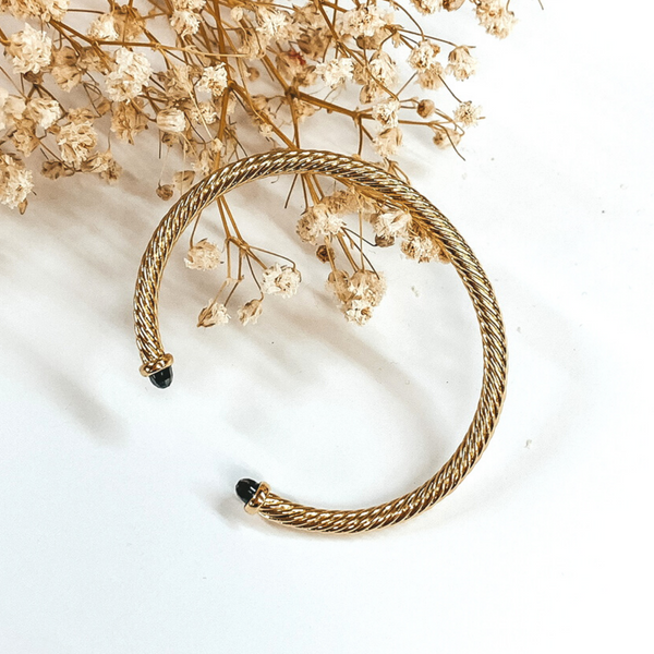 4mm Gold Cable Bracelet with Black Crystal Cabochon Ends