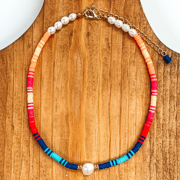 Resort Livin' Pearl and Disc Beaded Choker Necklace in Blue Multi