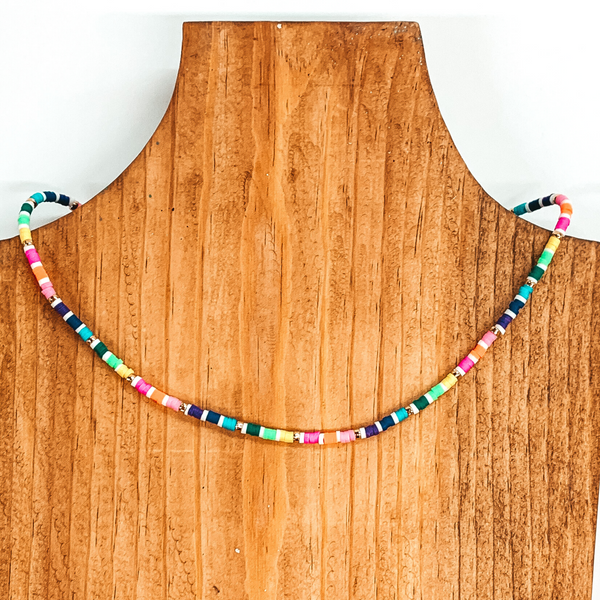 This necklace rubber disc beads with gold bead spacers and white disc bead spacers. This necklace includes every color of the rainbow in small segents divided by a white disc bead or gold bead. This necklace is pictured on a laying on a brown necklace holder on a white background.