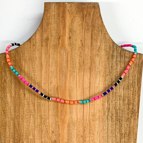 This necklace rubber disc beads with gold bead spacers spacers. This necklace includes every color of the rainbow, including black in segents divided by a gold bead. Each color segement has small dividers of a different color. This necklace is pictured on a laying on a brown necklace holder on a white background.