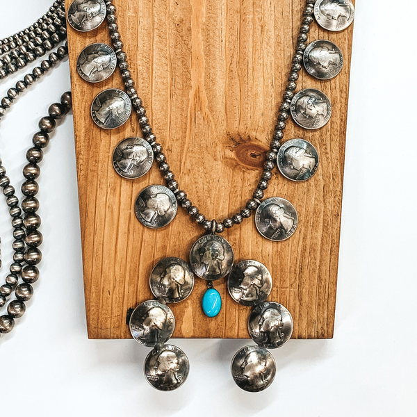 Navajo | Navajo Handmade Vintage Sterling Silver Quarter Naja Necklace with Hanging Turquoise Stone