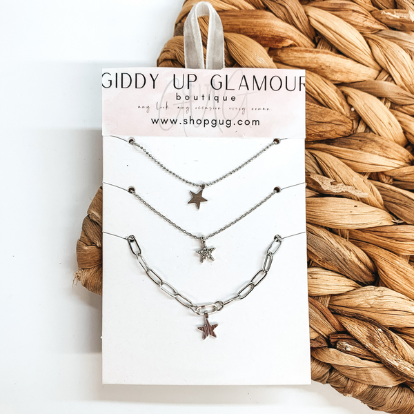 Set of Three | Silver Chain Necklace Set with Star Charms