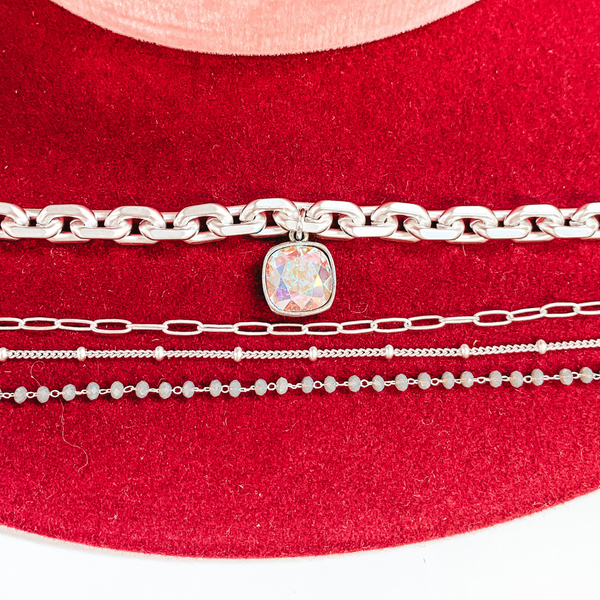 Pink Panache | Four Strand Crystal and Silver Chain Necklace with AB Cushion Cut Crystal Drop