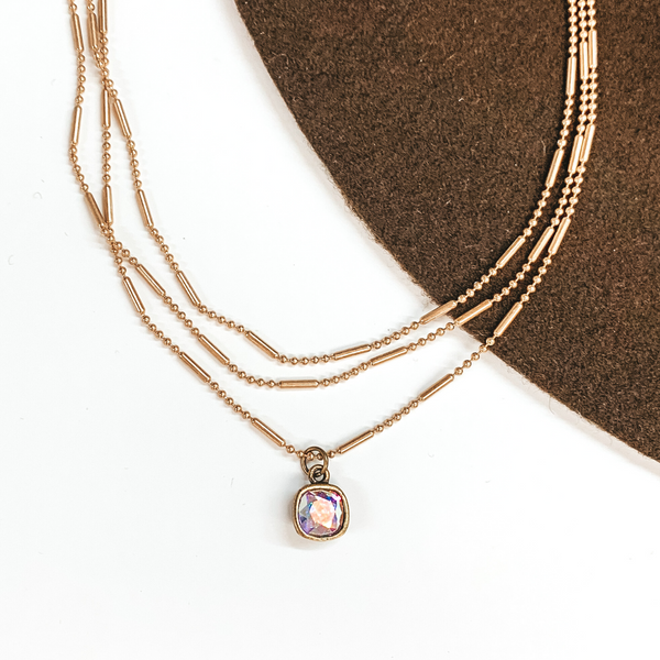 Pink Panache | 3 Strand Gold Dot and Bar Chain Necklace with AB Cushion Cut Crystal Drop