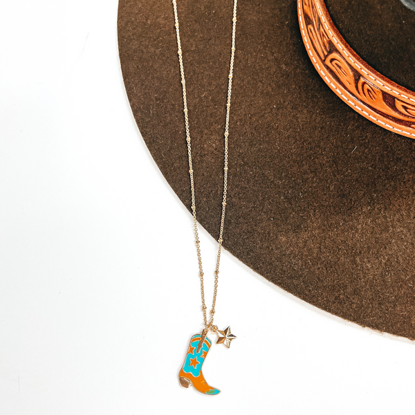 Gold Necklace with Star Boot Pendant in Turquoise and Tan