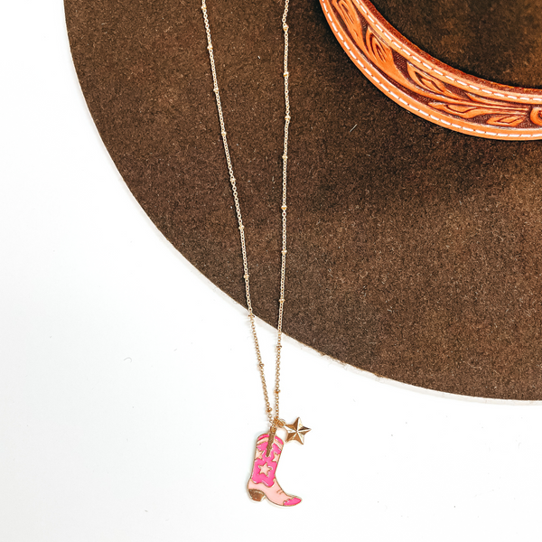 Gold Necklace with Star Boot Pendant in White and Pink