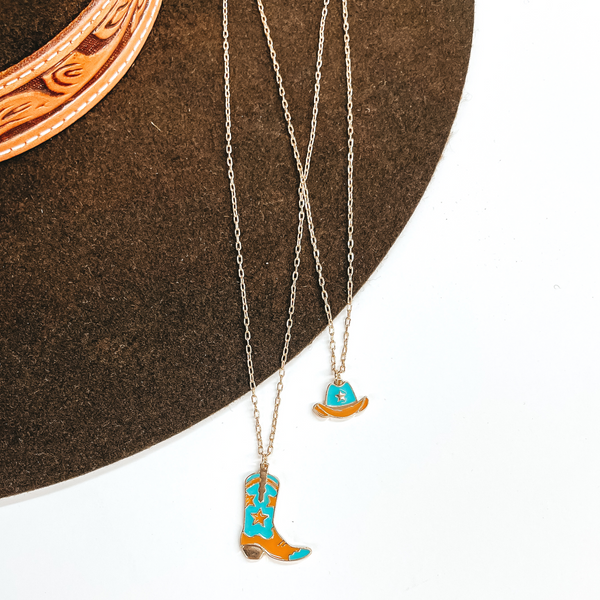 Double Layered Gold Necklace with Hat and Boot Pendant in Turquoise