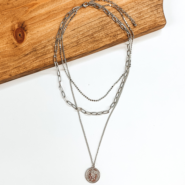 Three Strand Multi Chain Necklace Set with Double Sided Coin in Silver