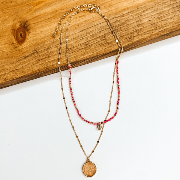 Thank Me Later Double Layered Gold Necklace with Pink Beads and Rose Quarts Pendant