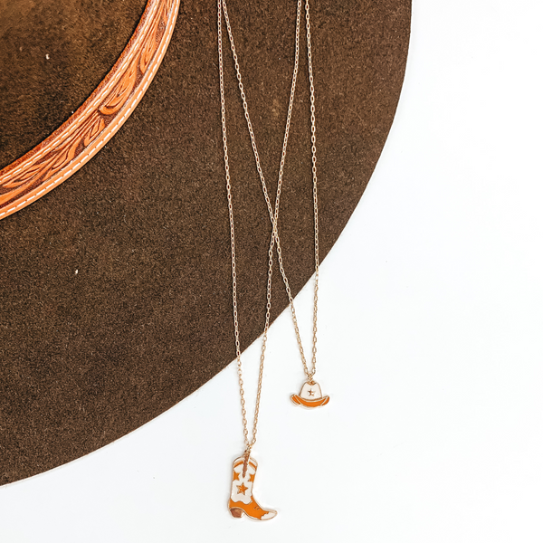 Double Layered Gold Necklace with Hat and Boot Pendant in Ivory