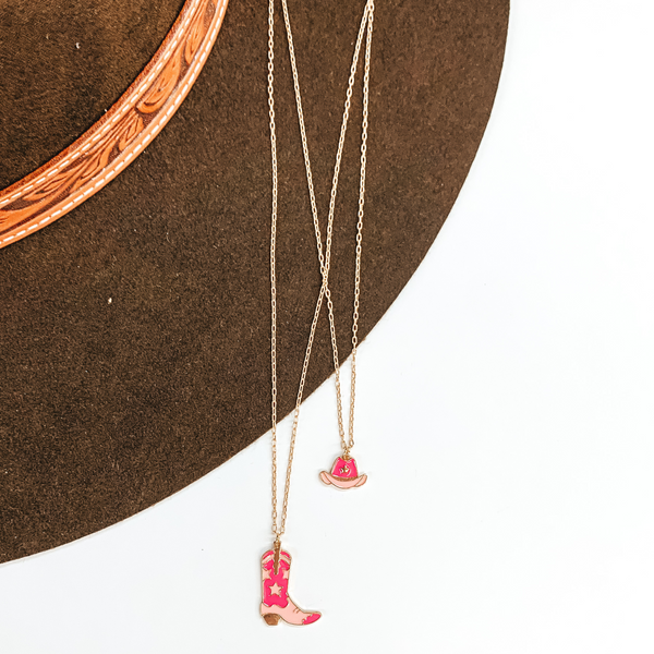 Double Layered Gold Necklace with Hat and Boot Pendant in Pink
