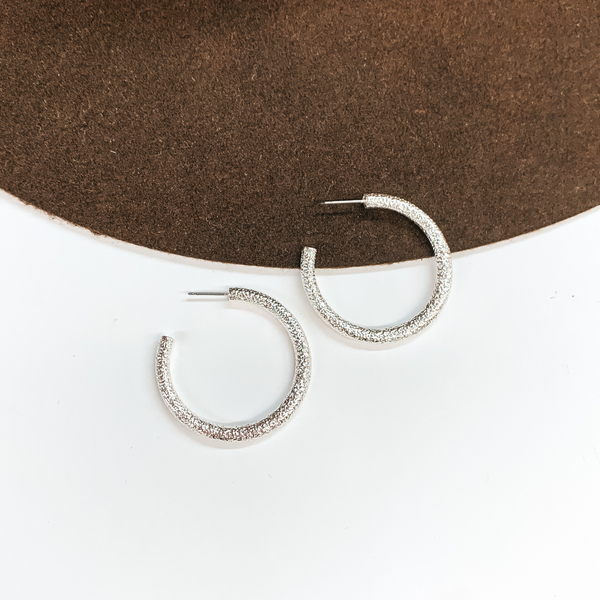 Textured Medium Sized Hoop Earrings in Silver