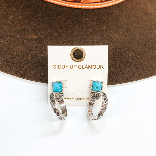 Small Silver Engraved Hoop Earrings with Square Turquoise Studs
