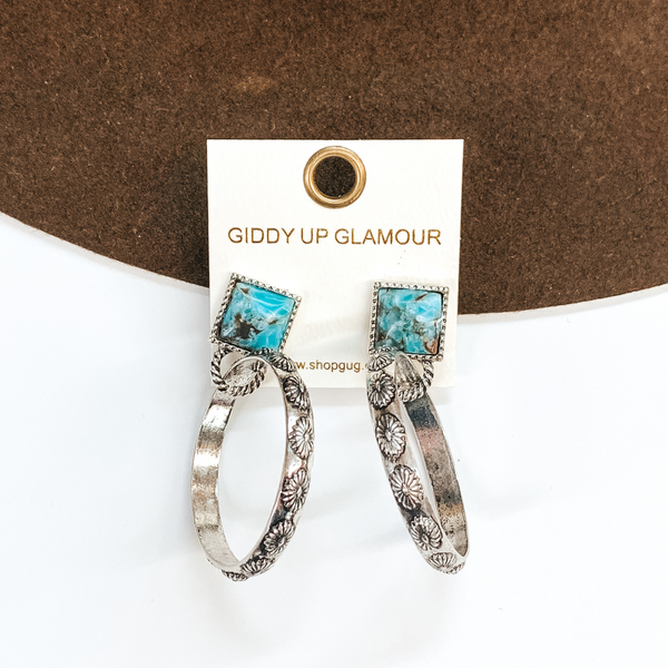 Large Silver Detailed Hoop Earrings with Square Turquoise Studs