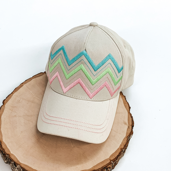 Taupe Baseball Cap with Mint, Lime and Pink Chevron Stripes