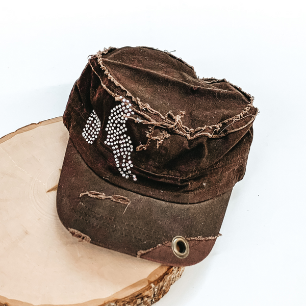 Dark Brown Hat with Distressing and Clear Crystals