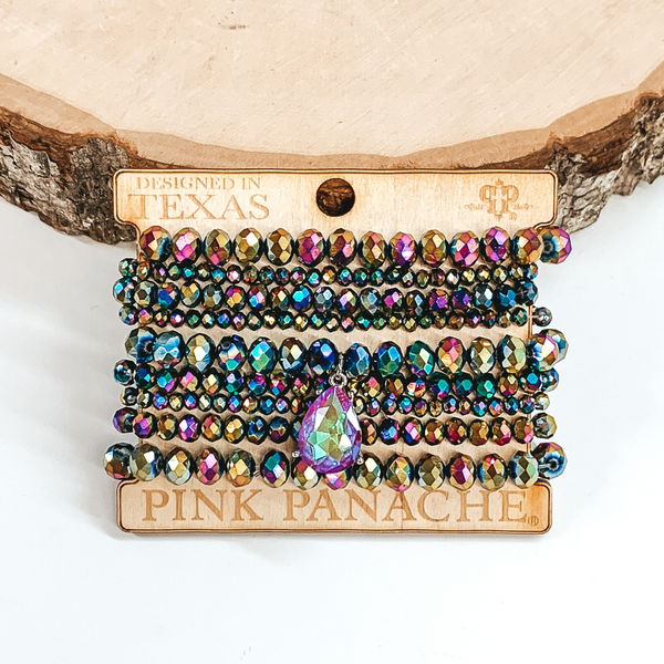 Pink Panache | Crystal Beaded Bracelet Set with Vitral Teardrop Crystal in Metallic Rainbow