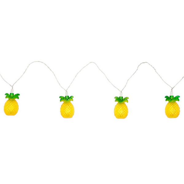 String lights that are shaped like yellow pineapples wiht green leaves, strung together by white string. These light are pictured on a white background.