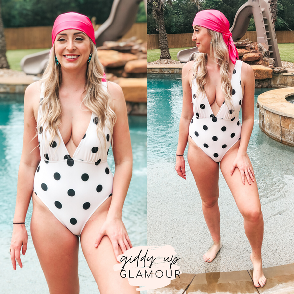 Getting Hotter Deep V Neck Polka Dot One Piece Swimsuit with Tie in Ivory