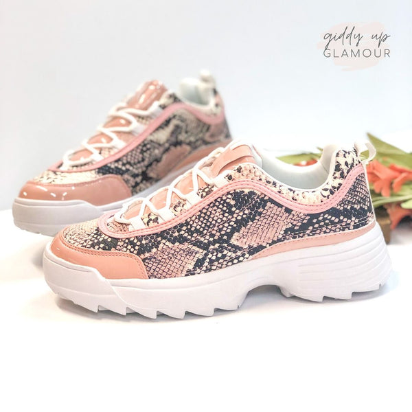Last Chance Size 6 & 7 | Bad Blood Chunky Lace Up Sneakers in Blush Snake