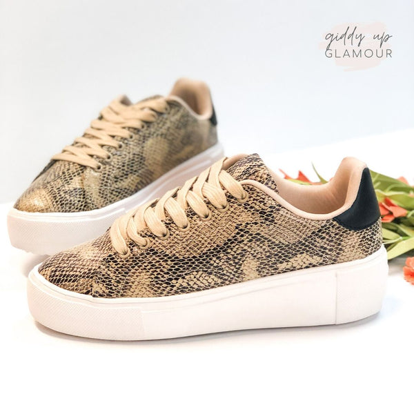 One Step Away Lace Up Platform Sneakers in Beige Snake