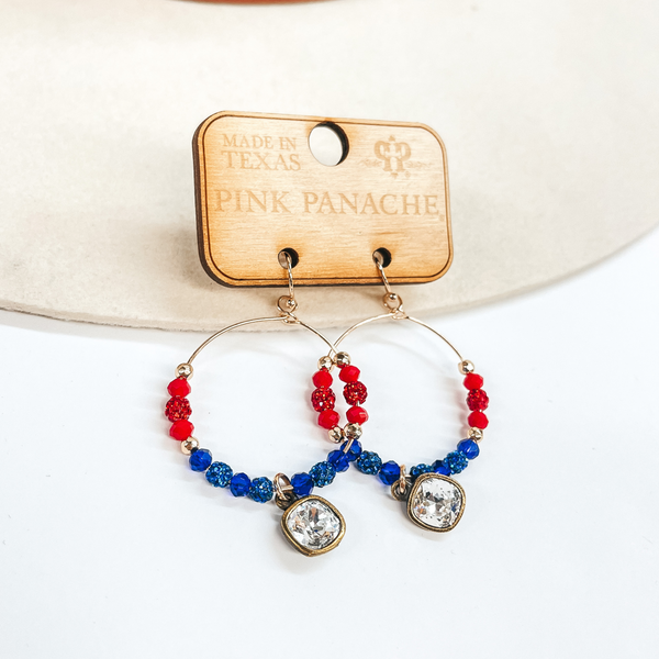 Pink Panache | Gold Hoop Earrings with Red, White, and Blue Crystalized Beads with Hanging Clear Crystal