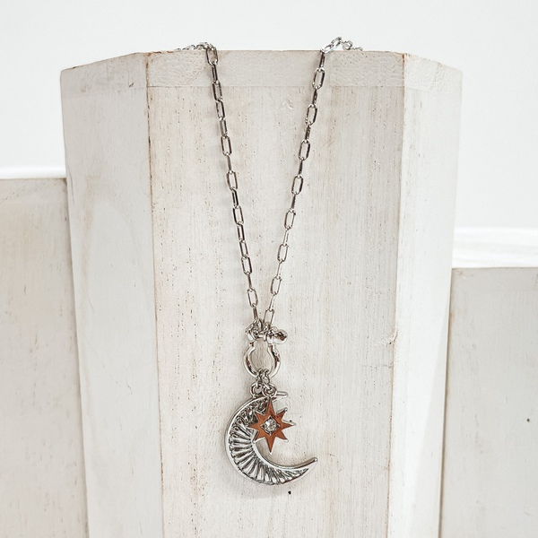 Chain Necklace with Sunburst Moon and Star Pendant in Silver